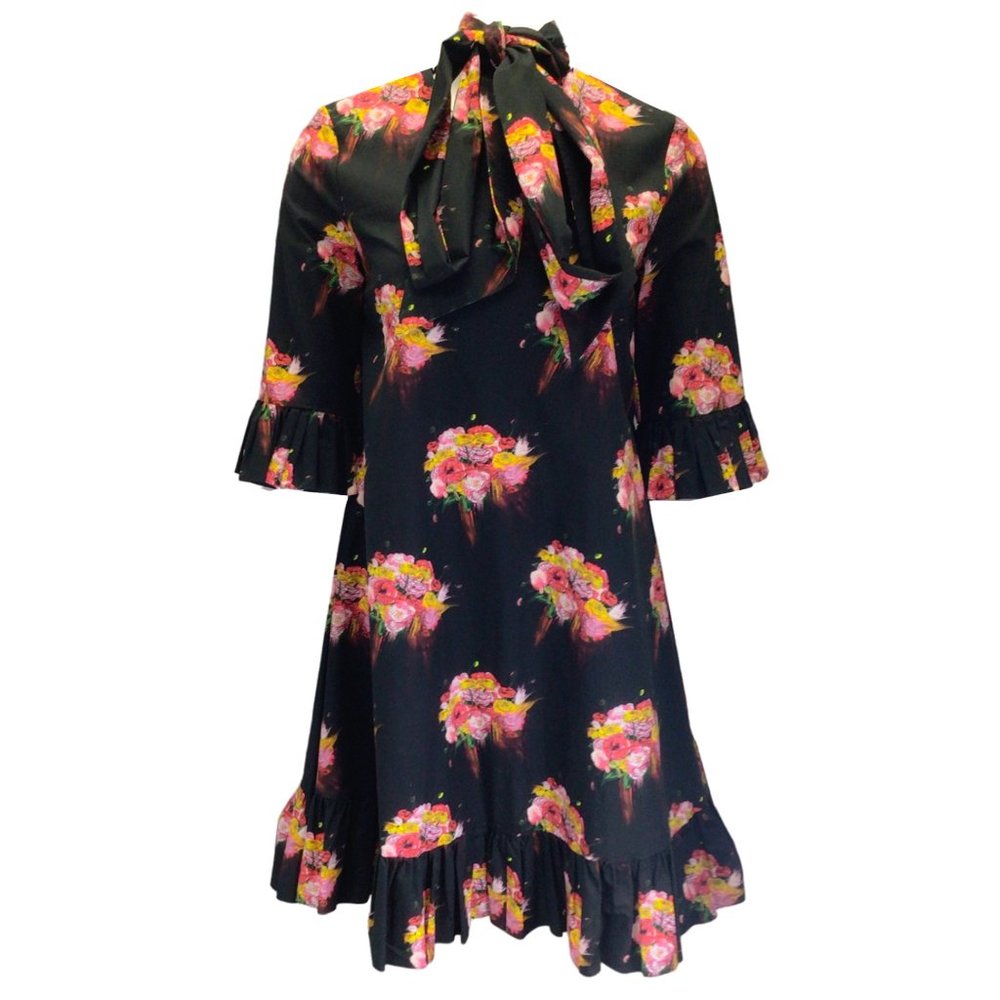 JONATHAN COHEN BLACK MULTI FLORAL PRINTED TIE-NECK COTTON DRESS